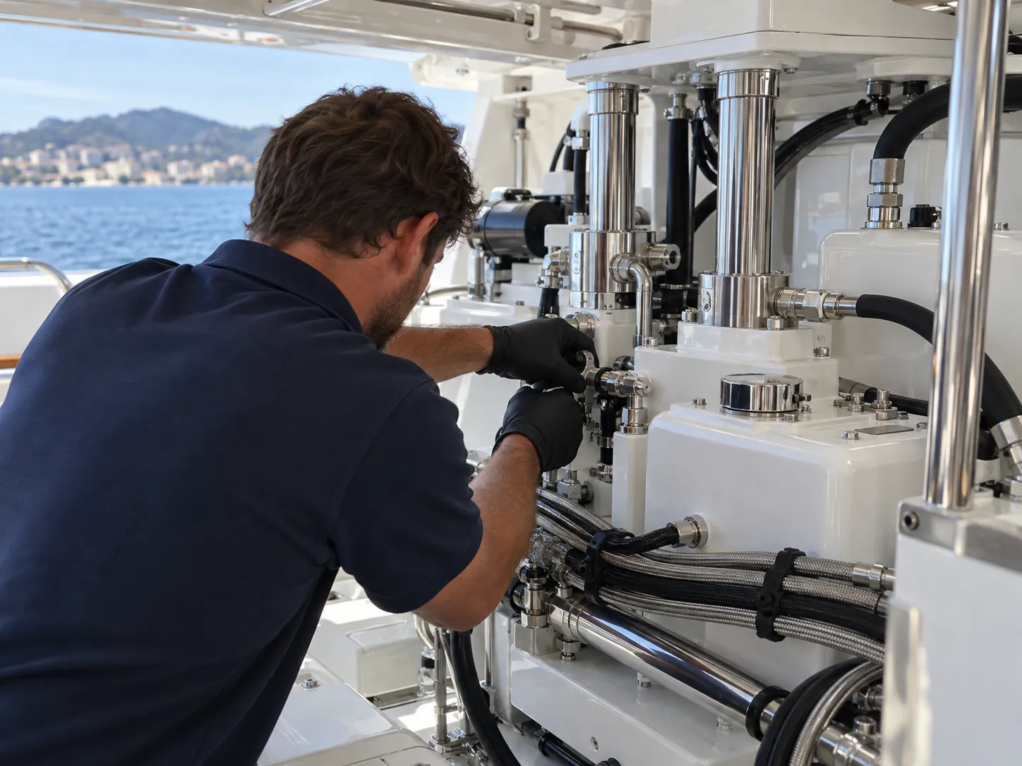 Technicien AS-Assistances sur un circuit hydraulique de yacht